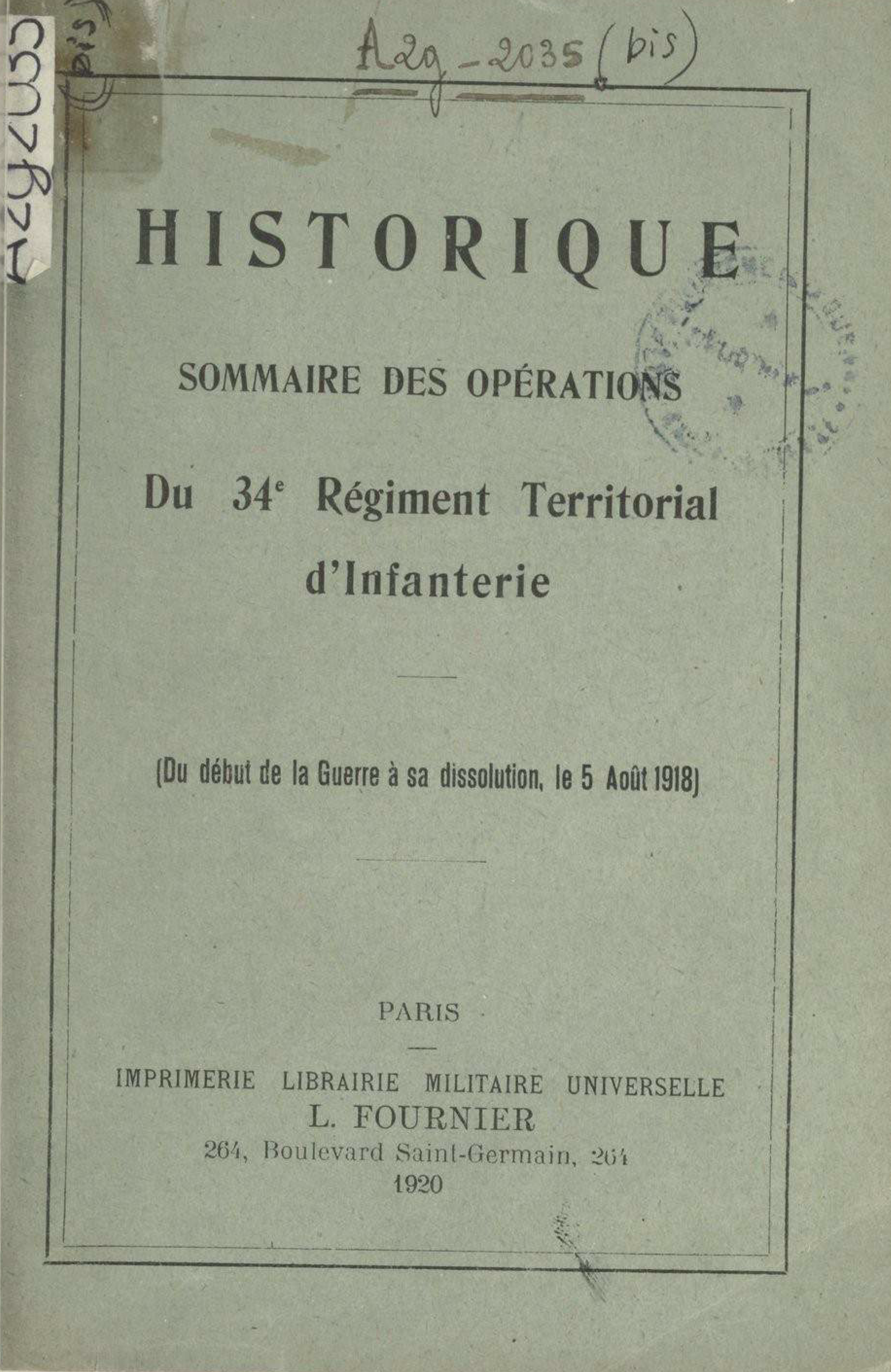 Historique sommaire des opérations du 34e Régiment Territorial d'Infanterie